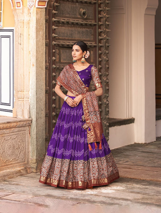 Purple Exquisite Tusser Silk Chaniya Choli with Ajrakh Prints for Navratri and Garba