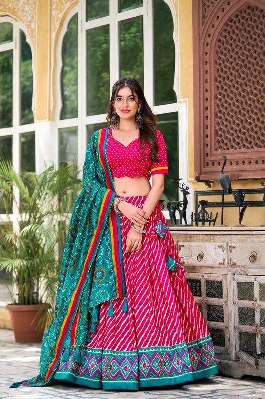 Pink Elegant Leheriya Print Tussar Silk Garba Navratri Lehenga Choli