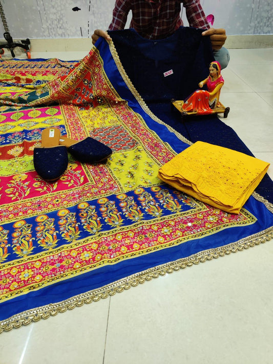 Dark Blue Chikankari Kurta and Yellow Pallazo With Jutti and Beautiful Multicolor Pakistani Mirror Dupatta - Inayakhan Shop 