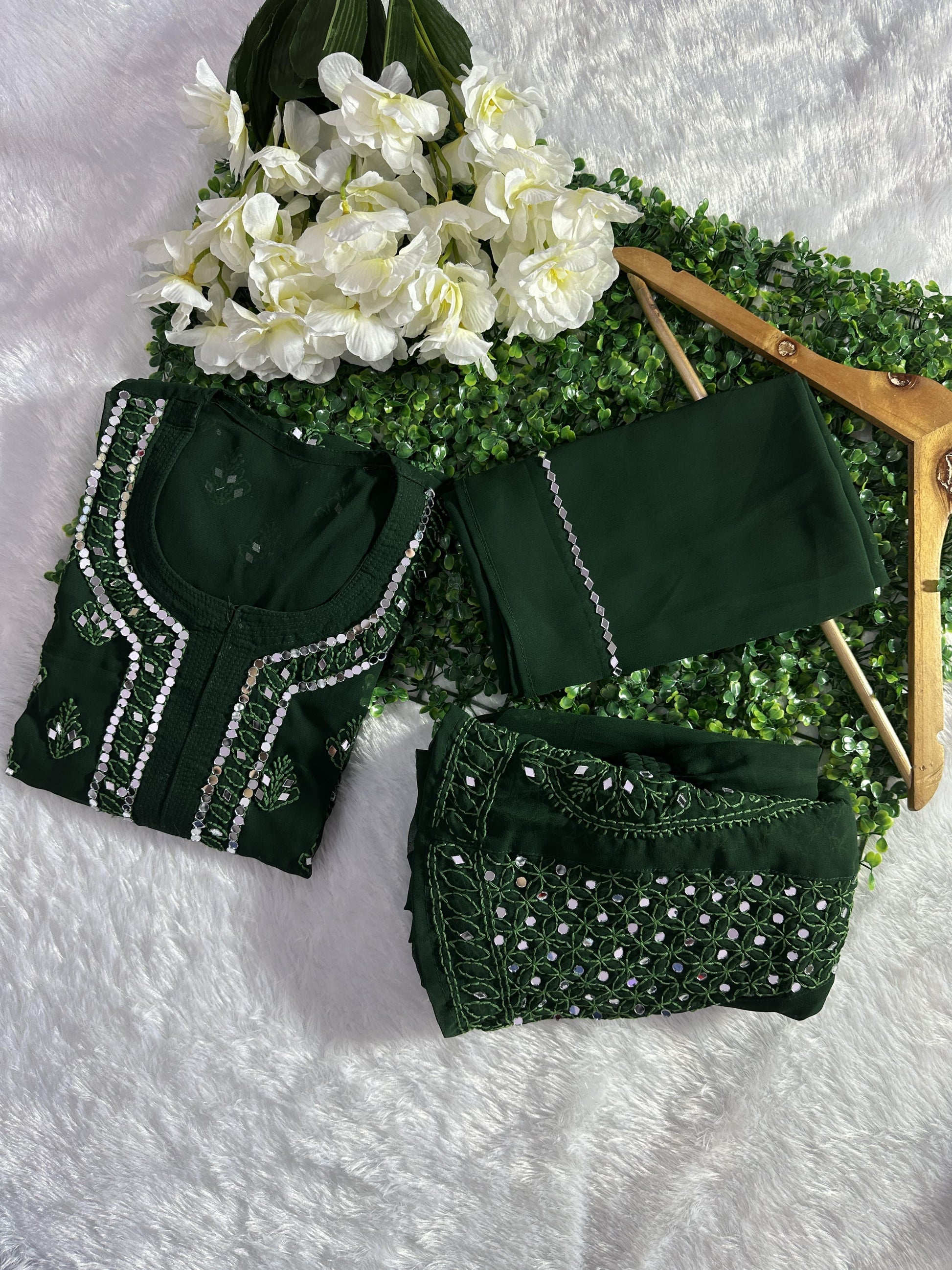 Dark green Best Seller Georgette Mirror Gala Booti Chikankari Set with Beautiful Handwork Embroidery - Inayakhan Shop 