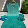 Dark Green Chikankari Elegance Ombré Mirror Booti Jaal Set - Kurti, Sharara & Dupatta