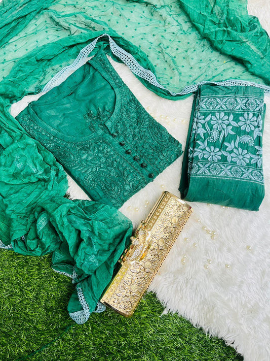 Dark Green Chikankari Handwork Cotton Dyeable Set , Dobby Bundi Dupatta from Lucknow - Inayakhan Shop 