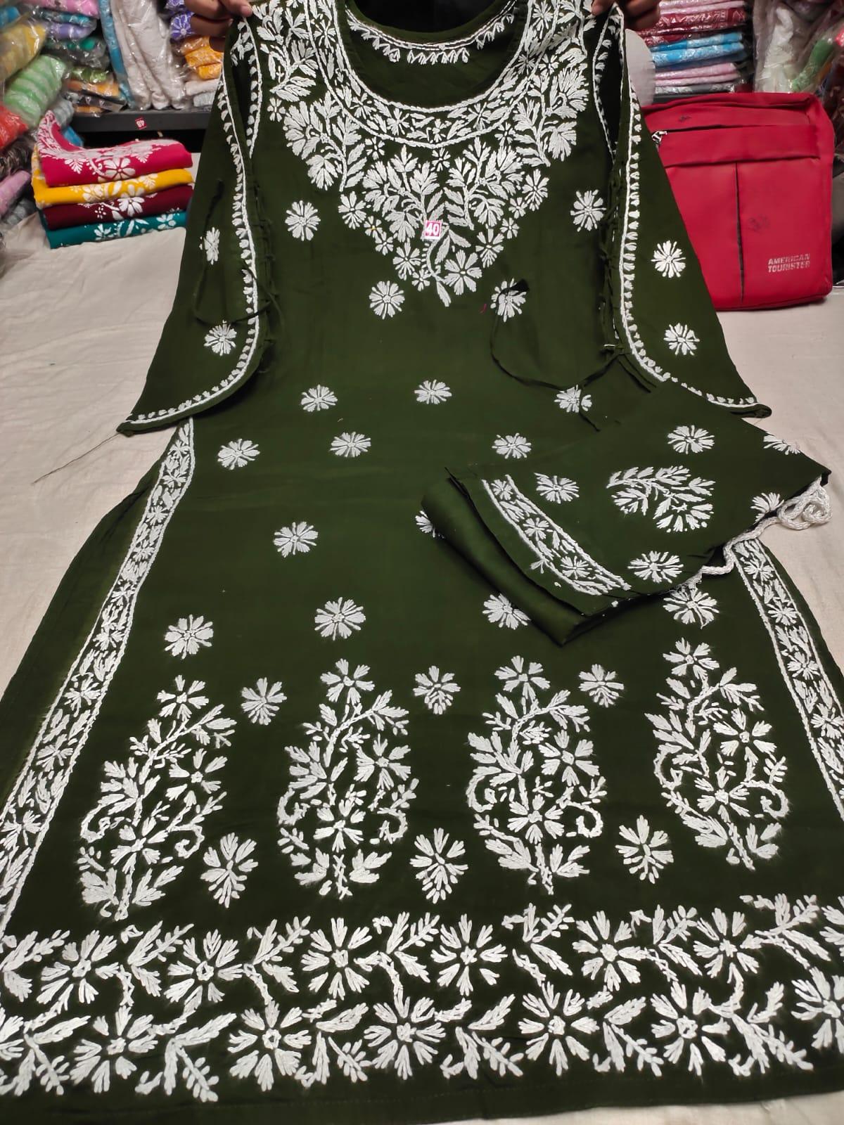 Dark Green Lucknowi Chikankari Ghasspatti Handwork Kurti Pant Set with Designer Dori Sleeves - Inayakhan Shop 
