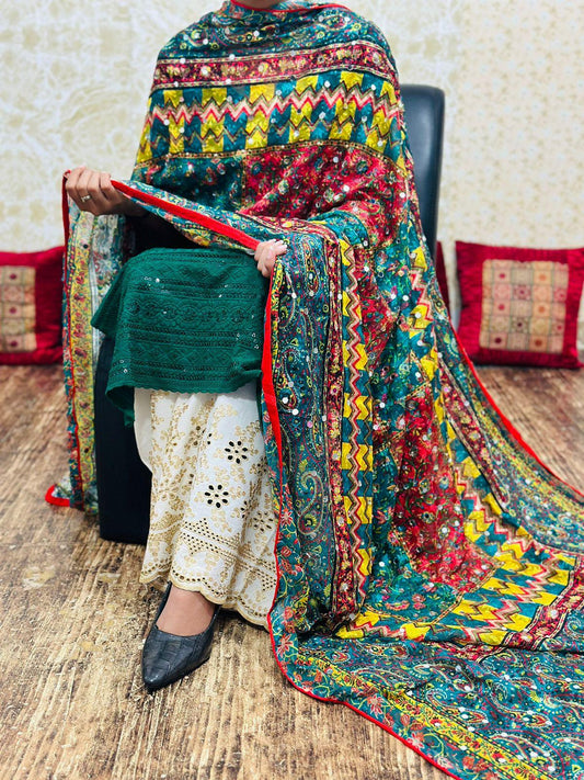 Dark Green Pakistani Fusion Chikankari Suit with Embroidered Dupatta - Inayakhan Shop 