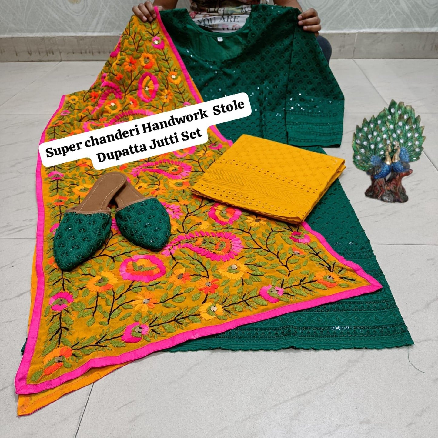 Dark Green Pure Cambric Cotton Kurti with Beautiful Handwork Stole Dupatta Jutti Set - Inayakhan Shop 