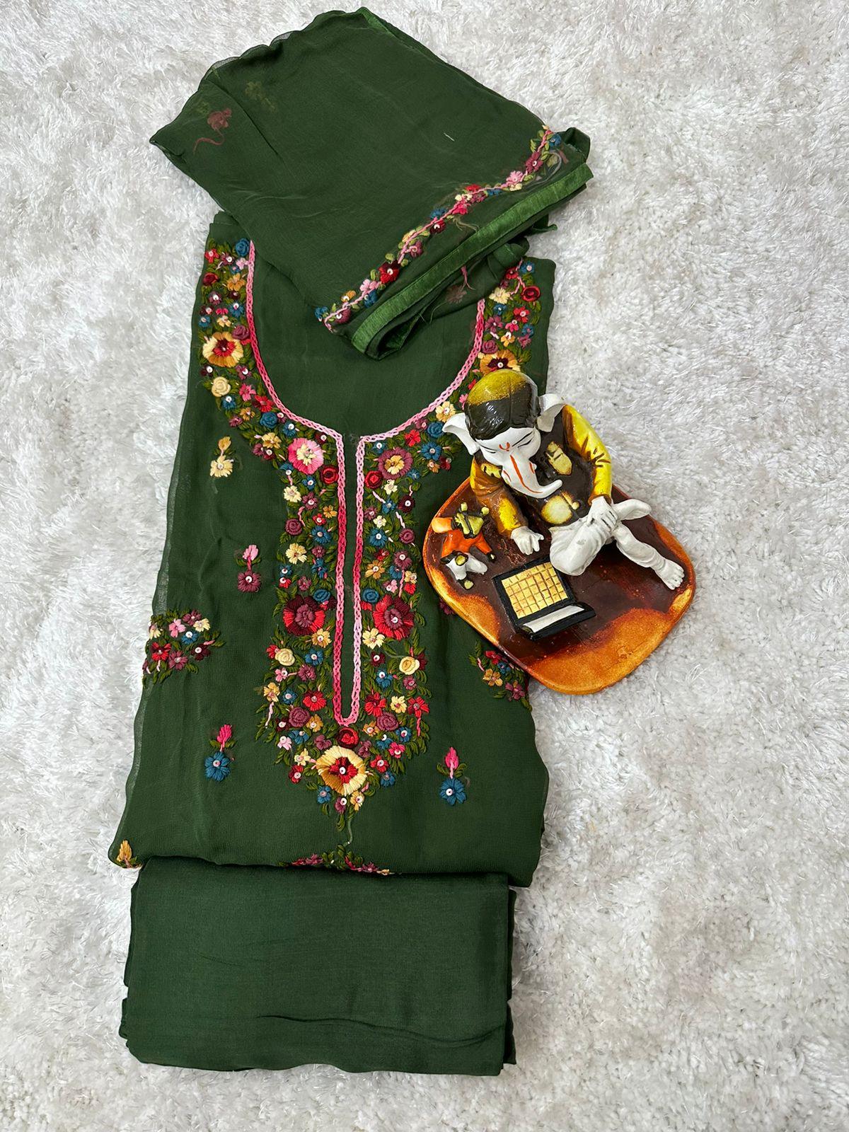 Dark Green Pure Georgette Kashmiri Suit with Beautiful Hand Embroidery Work Latest Online - Inayakhan Shop 