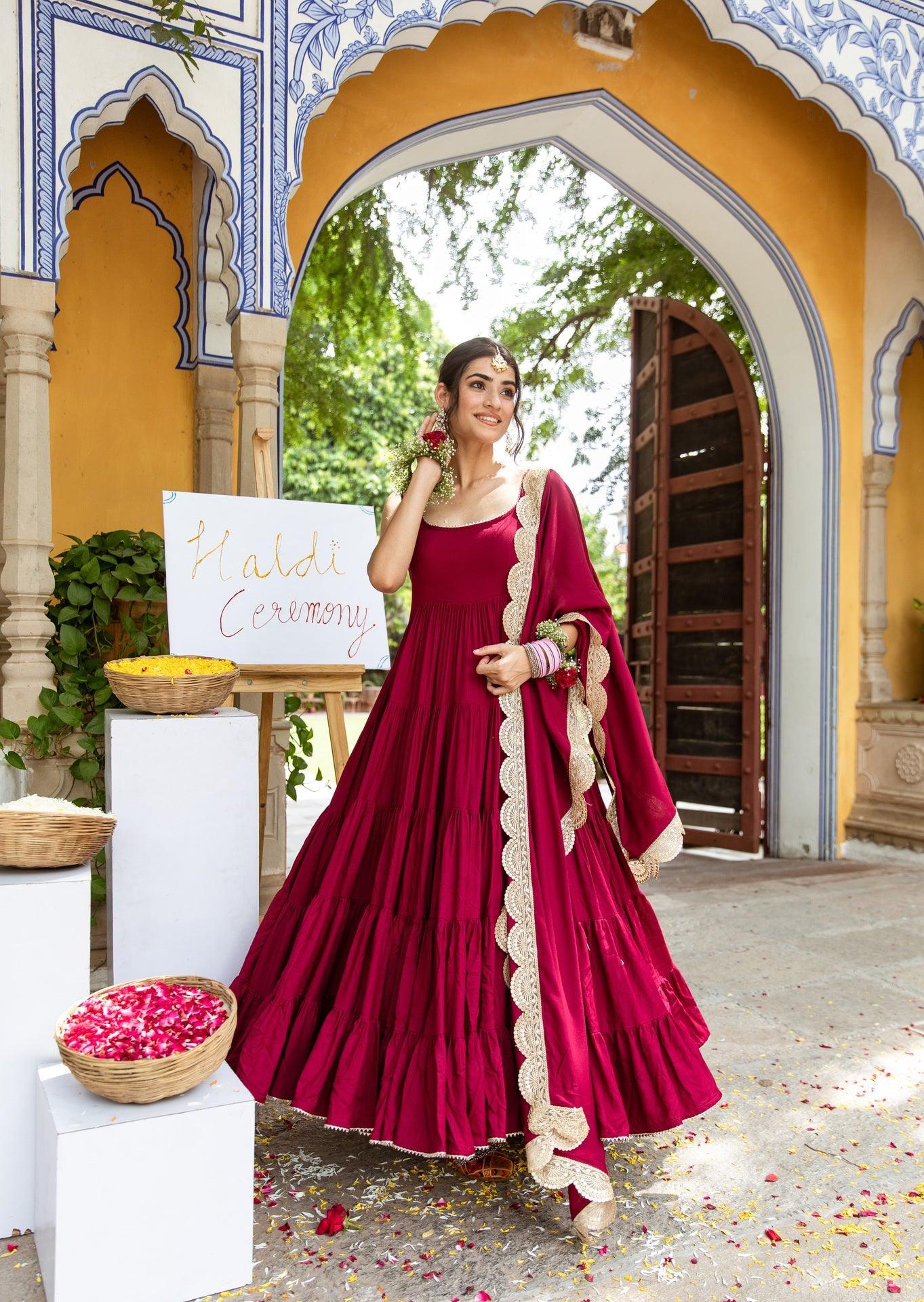 Dark Maroon Strappy Anarkali Gown and Dupatta Pant Set with Zari Work Lace - Inayakhan Shop 