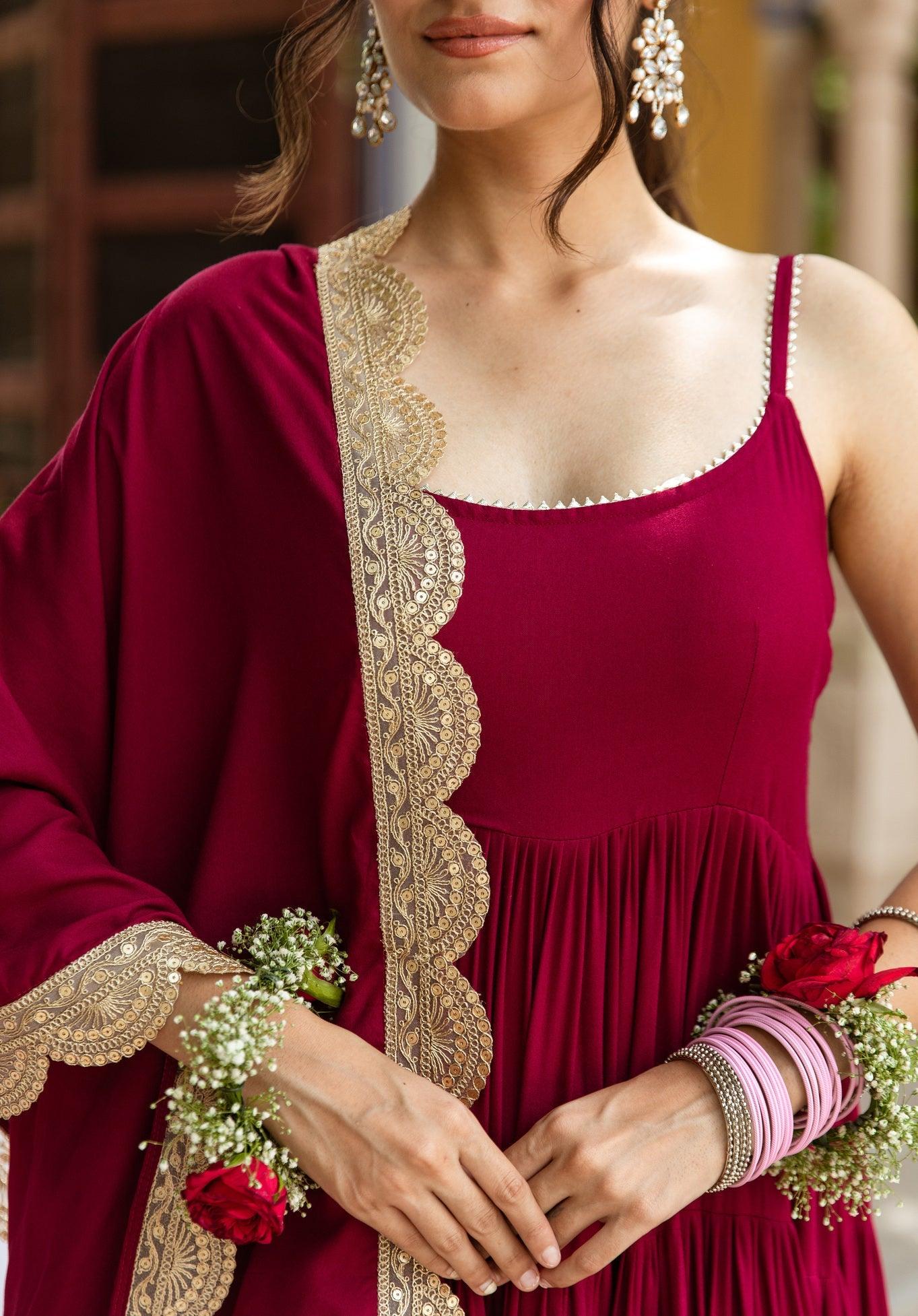 Dark Maroon Strappy Anarkali Gown and Dupatta Pant Set with Zari Work Lace - Inayakhan Shop 
