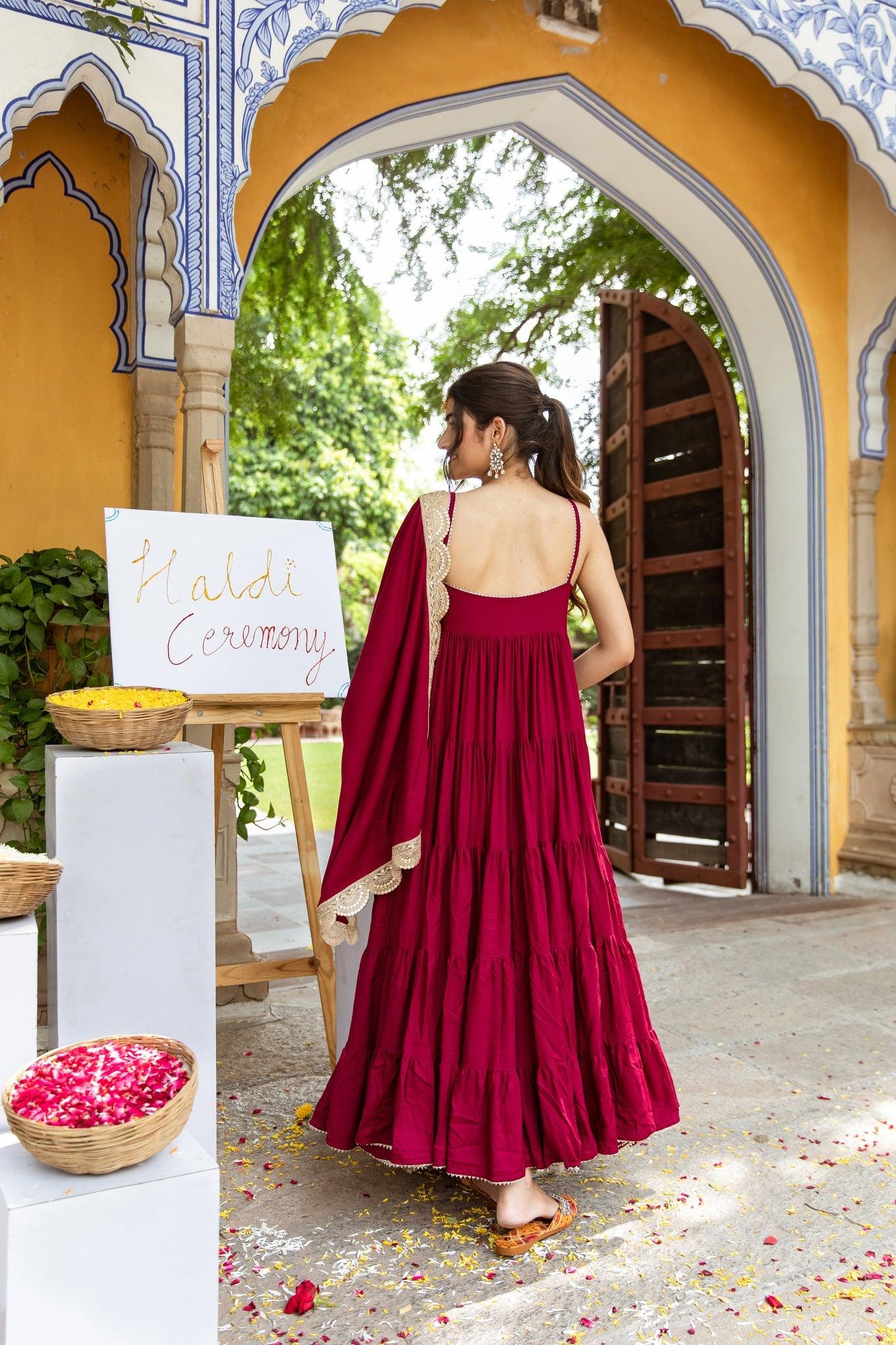 Dark maroon gown best sale