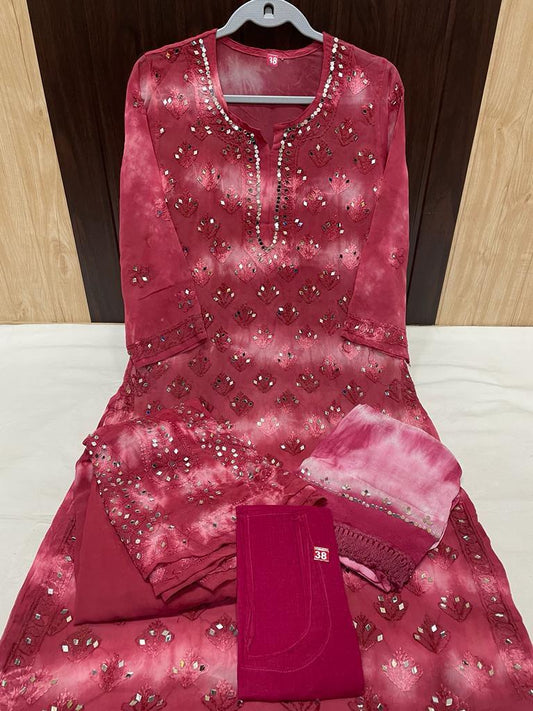 Dark Pink Groovy Reflections Tie Dye 3-Piece Chikankari Mirror Set with Inner Delight - Inayakhan Shop 