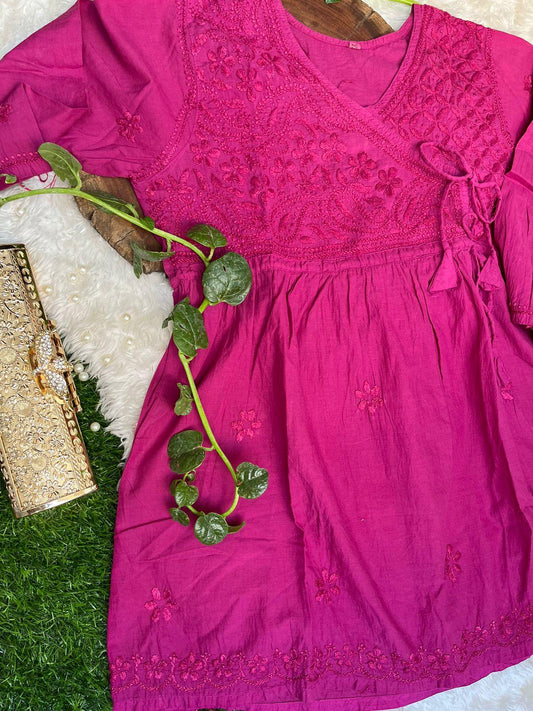 Dark Pink Lucknow Chikankari Whisper mul mul Cotton Angrakha Style Short kurti - Inayakhan Shop 