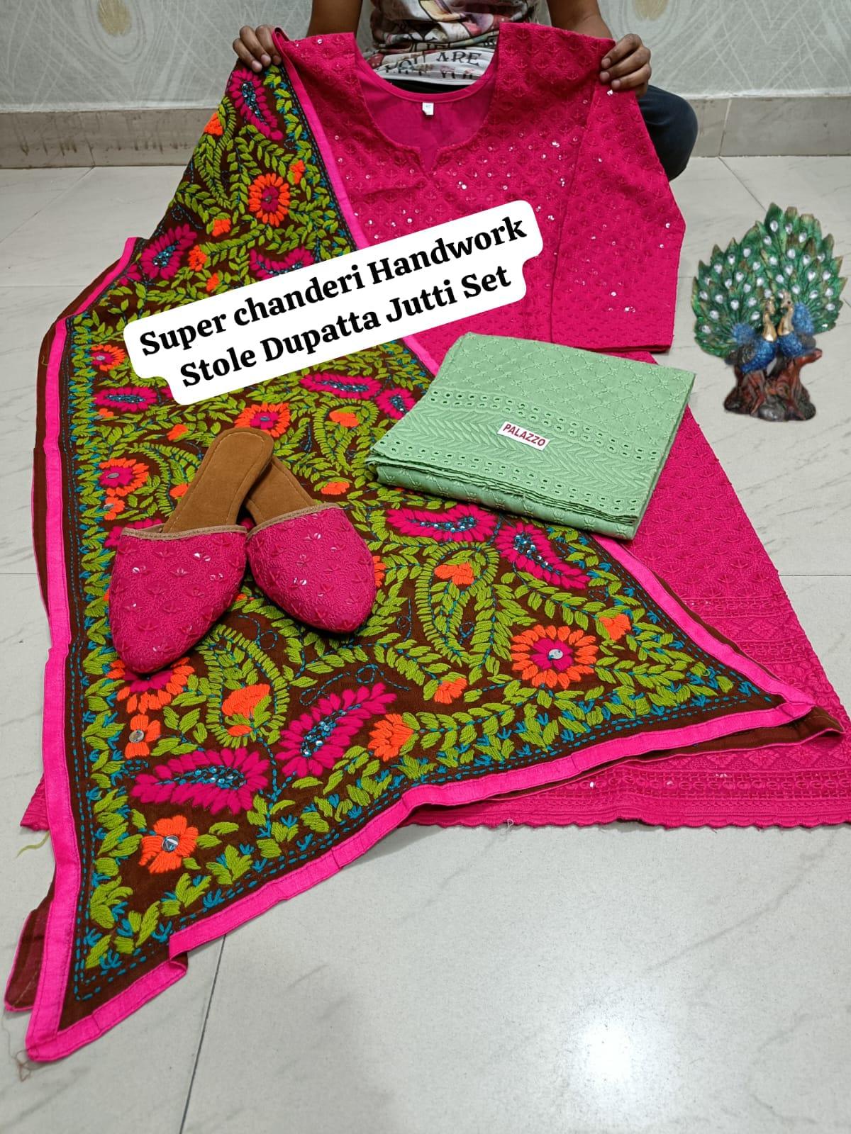 Dark Pink Pure Cambric Cotton Kurti with Beautiful Handwork Stole Dupatta Jutti Set - Inayakhan Shop 