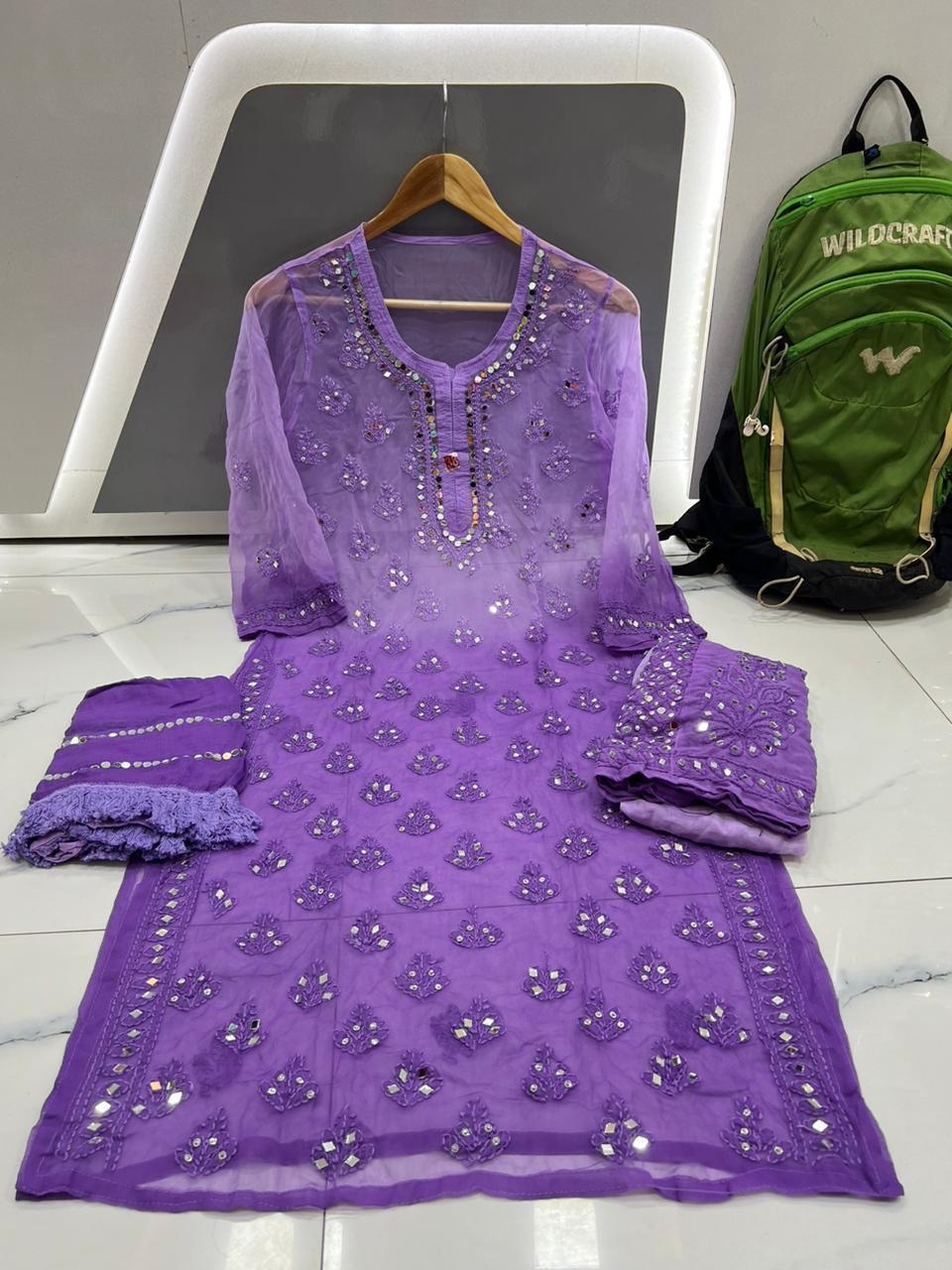 Dark Purple Chikankari Elegance Ombré Mirror Booti Jaal Set - Kurti, Sharara & Dupatta - Inayakhan Shop 