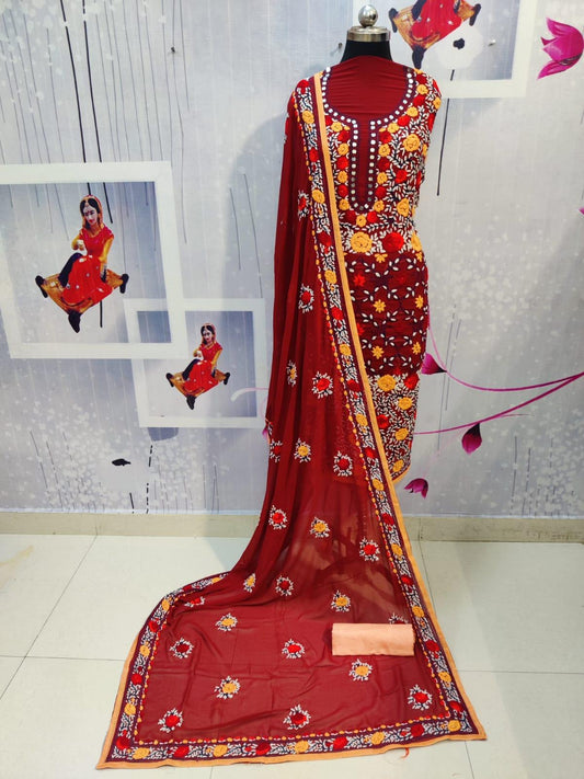 Dark Red Pure Georgette Kashmiri Heavy Suit with Mirror Handwork Embroidery - Inayakhan Shop 
