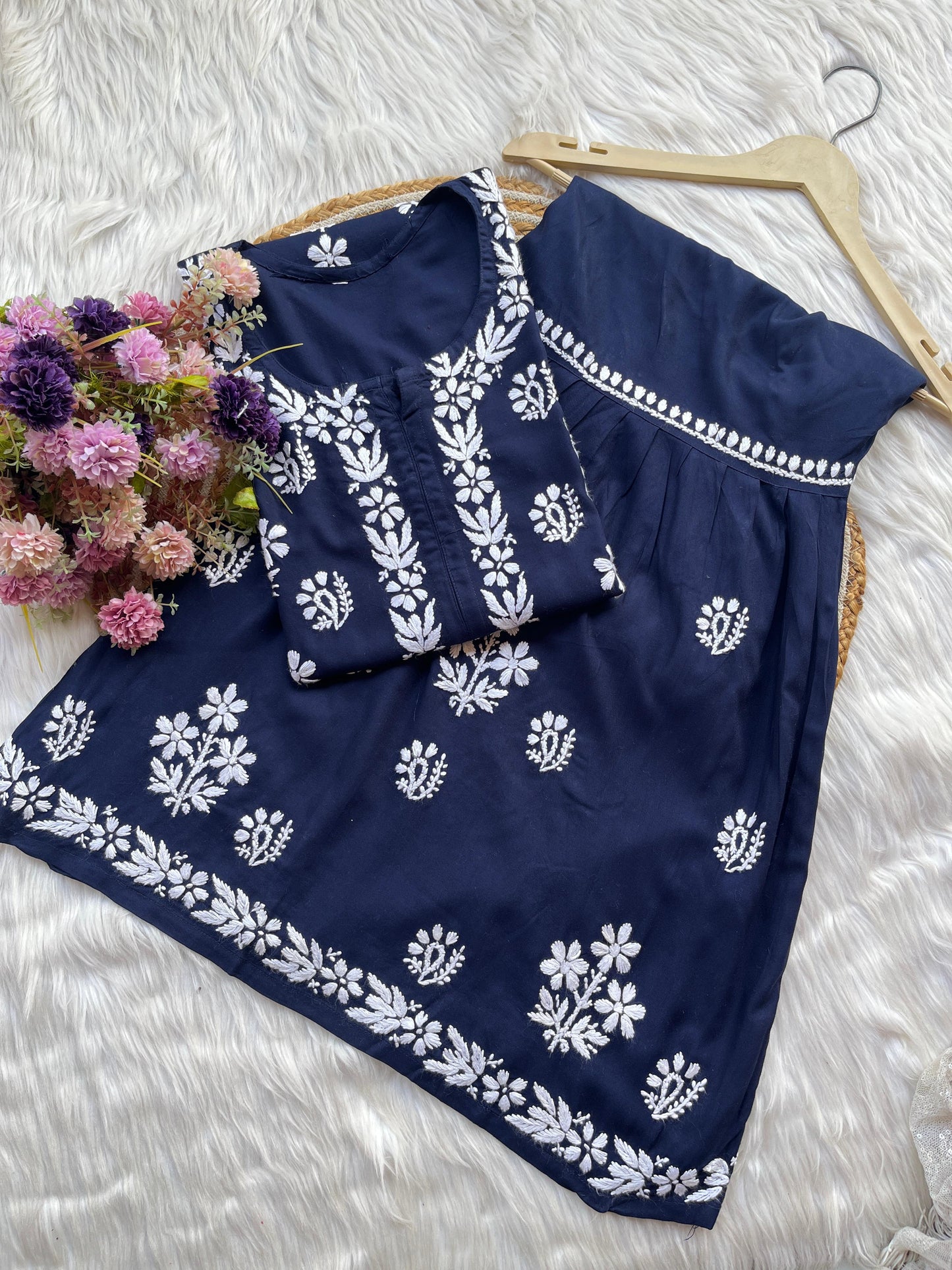 Dark Blue Premium Kurti & Gharara Co-ord Set – Lucknow Chikankari Handwork