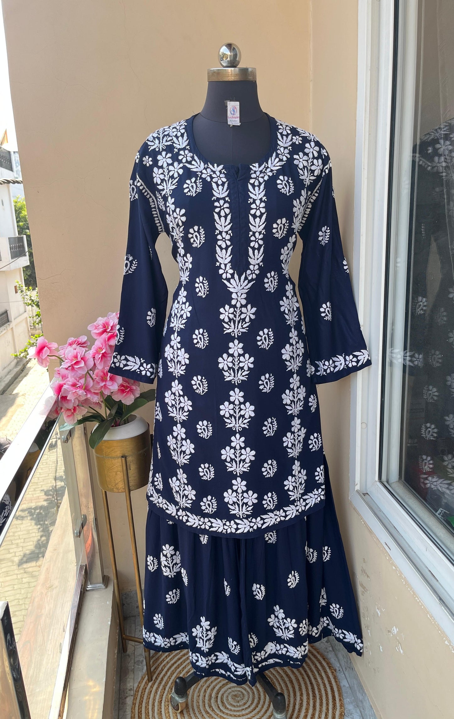 Dark Blue Premium Kurti & Gharara Co-ord Set – Lucknow Chikankari Handwork