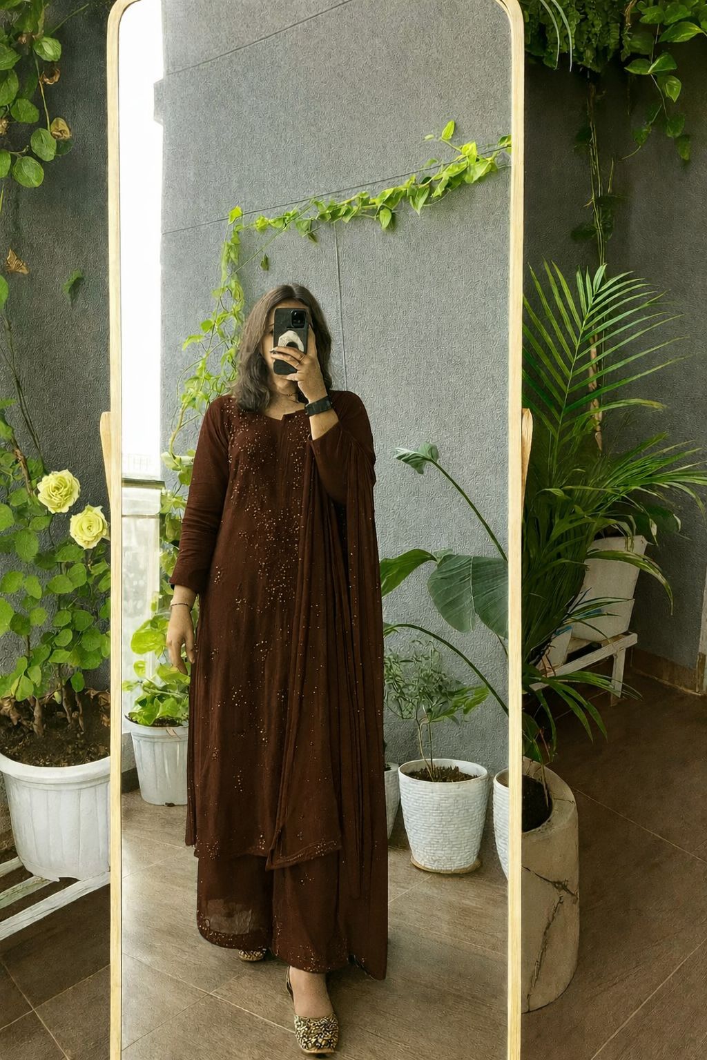 Brown Regal Embroidered Viscose Chikankari Kurta Set with Mukaish Work