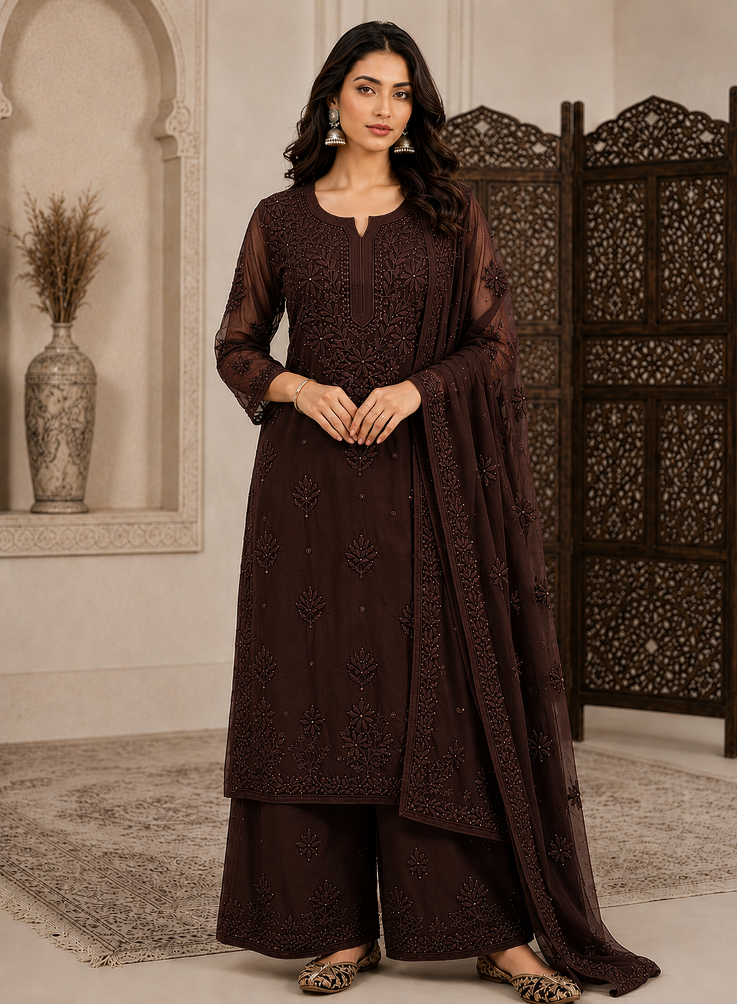 Dark Brown Viscose 3D Work Handcrafted Lucknow Chikankari Set