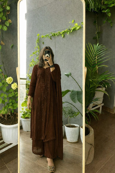 Brown Regal Embroidered Viscose Chikankari Kurta Set with Mukaish Work