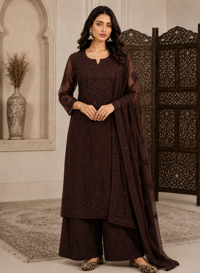 Dark Brown Viscose 3D Work Handcrafted Lucknow Chikankari Set