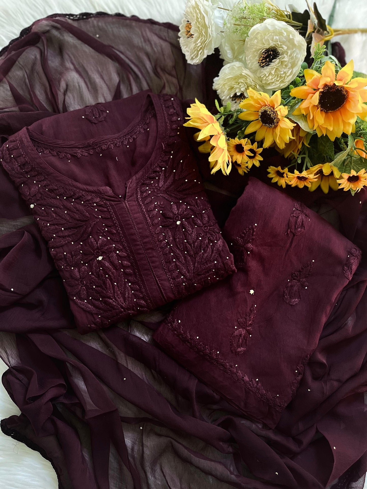 Dark Brown Iconic Mukaish Work Lucknow Chikankari 3-Piece Set