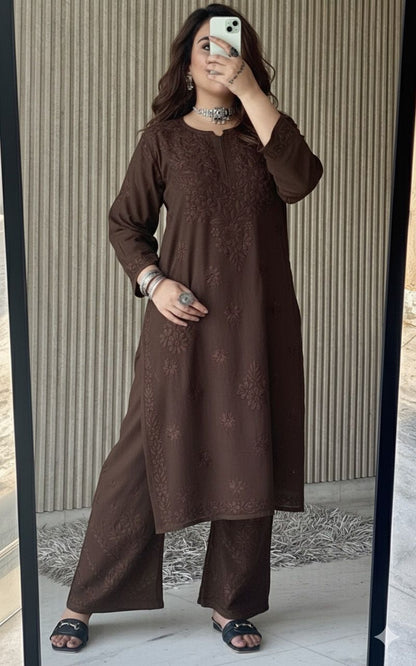 Dark Brown Lucknow Chikankari Rayon Kurta Palazzo Co-ord Set with Tone-to-Tone Hand Embroidery