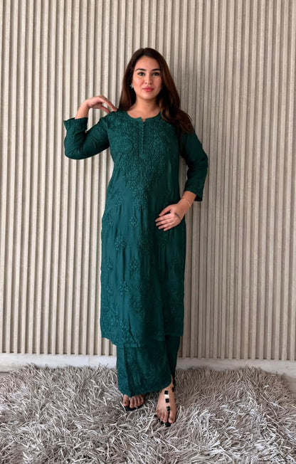 Dark Green Lucknowi Chikankari Anchor Thread 3D Work Muslin Kurta & Palazzo Set