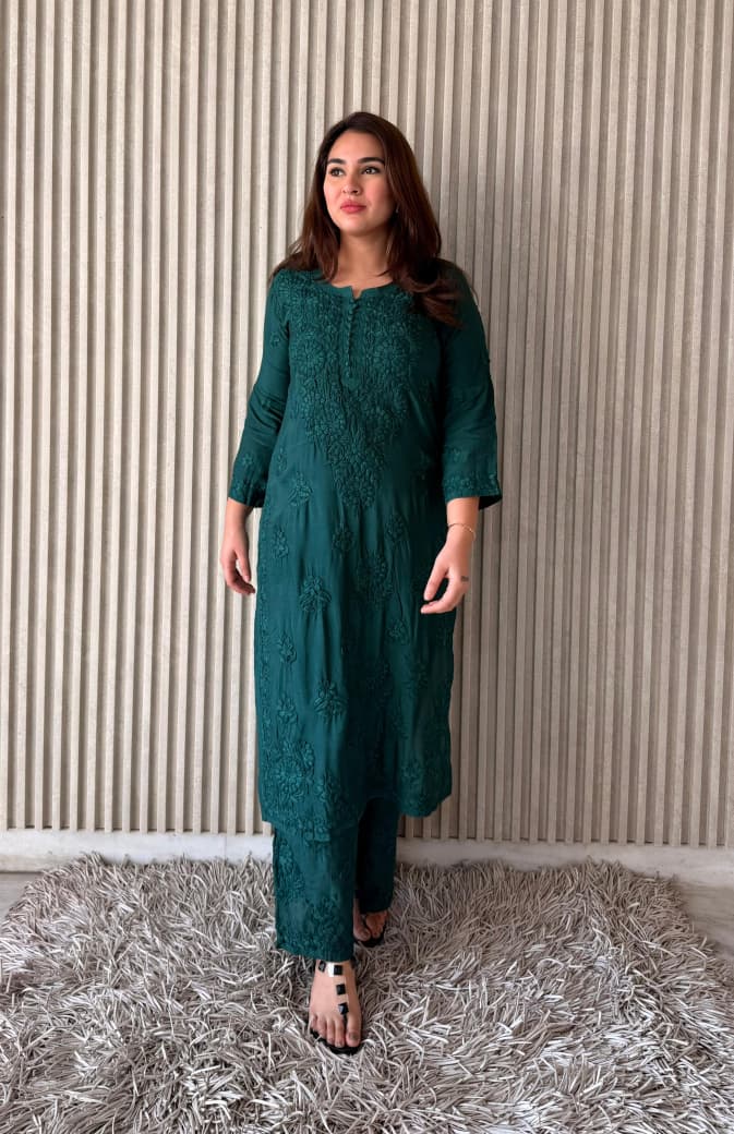 Dark Green Lucknowi Chikankari Anchor Thread 3D Work Muslin Kurta & Palazzo Set