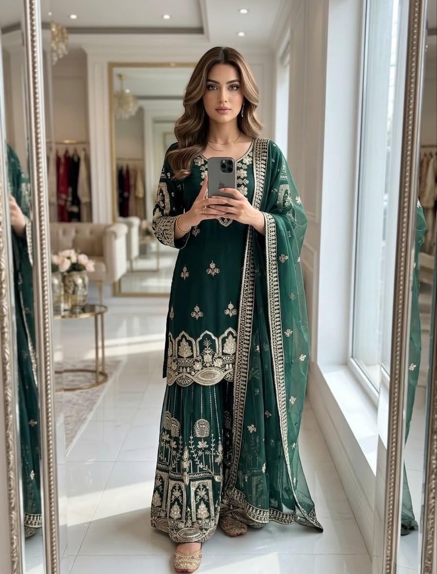 Dark Green Embroidered Georgette Sharara Suit Set