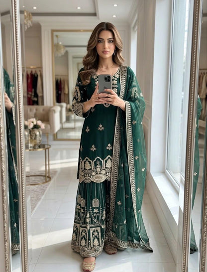 Dark Green Embroidered Georgette Sharara Suit Set
