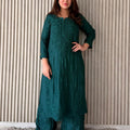 Dark Green Lucknowi Chikankari Anchor Thread 3D Work Muslin Kurta & Palazzo Set