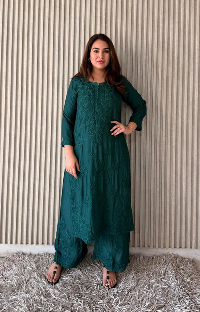 Dark Green Lucknowi Chikankari Anchor Thread 3D Work Muslin Kurta & Palazzo Set