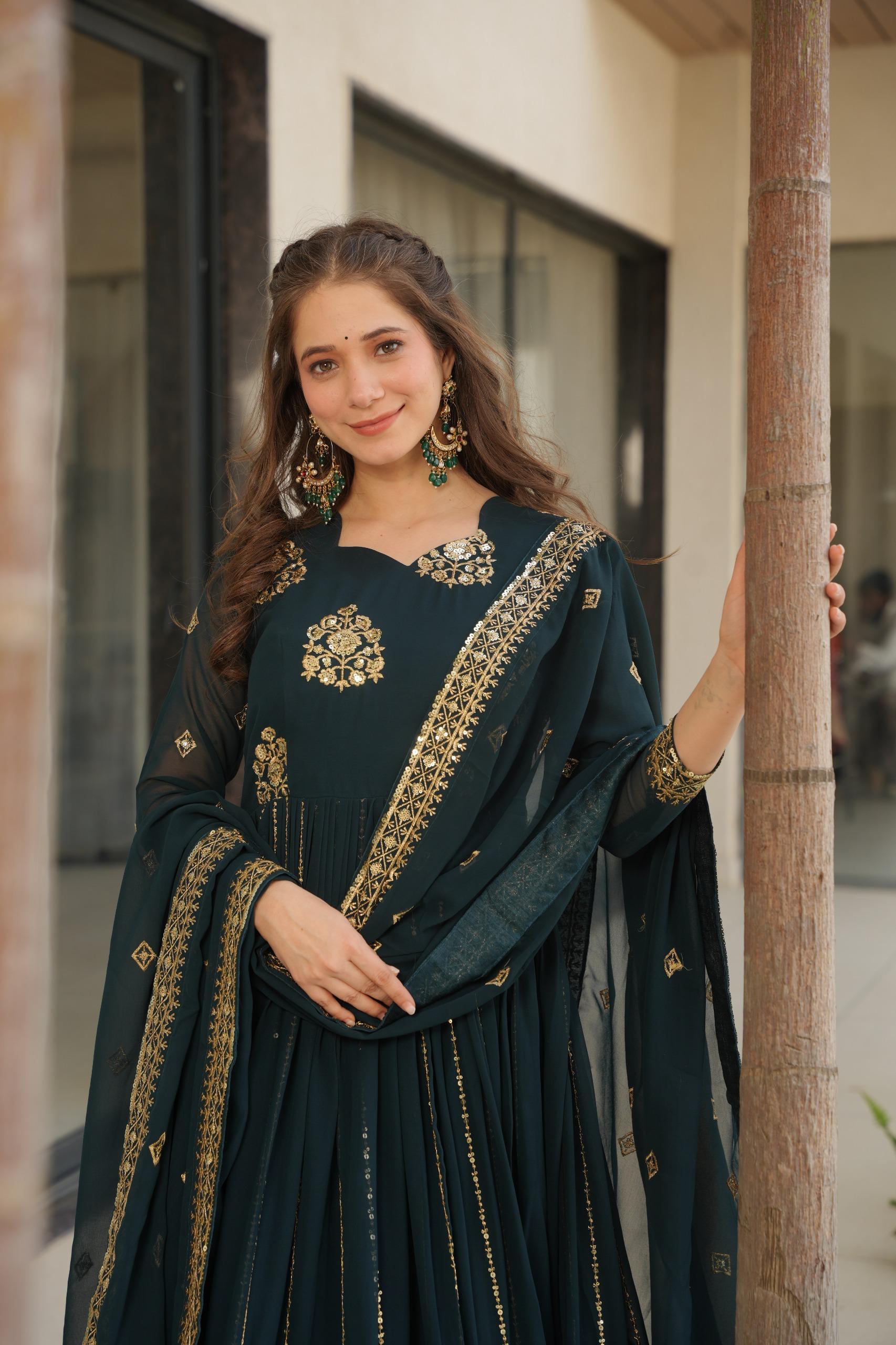 Dark Sea Green Zari & Sequin Embroidered Anarkali Party Wear Gown with Dupatta Xl - 42 / Green / Georgette Dark Sea Green Zari & Sequin Embroidered Anarkali Party Wear Gown with Dupatta Xl - 42 / Green / Georgette