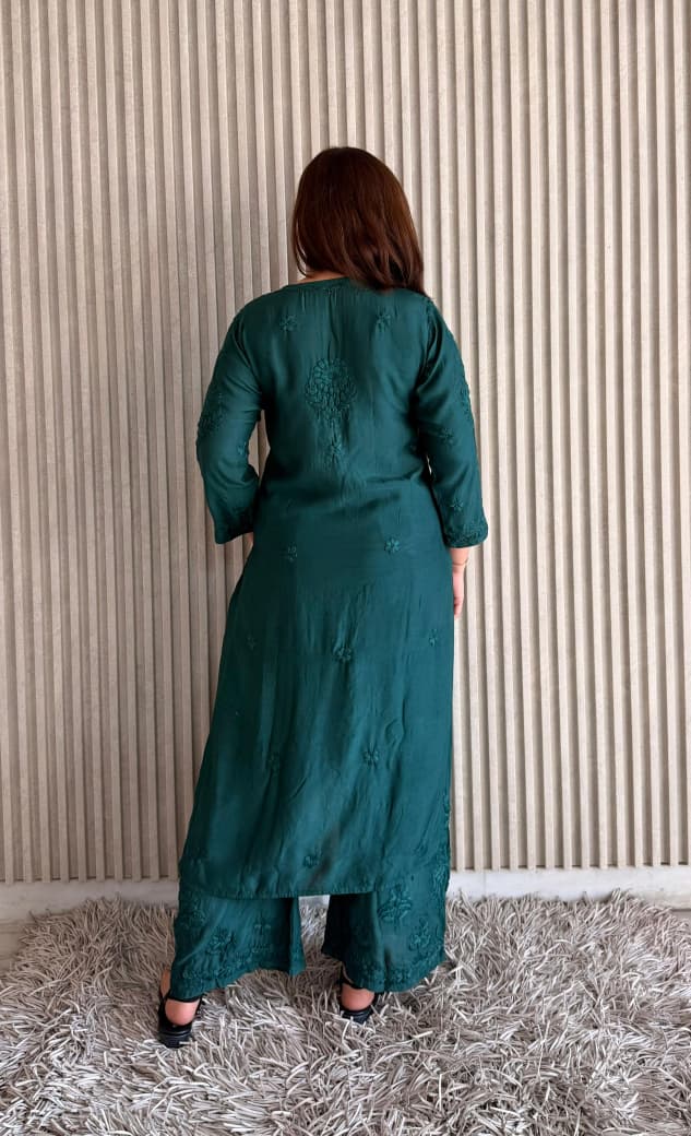 Dark Green Lucknowi Chikankari Anchor Thread 3D Work Muslin Kurta & Palazzo Set