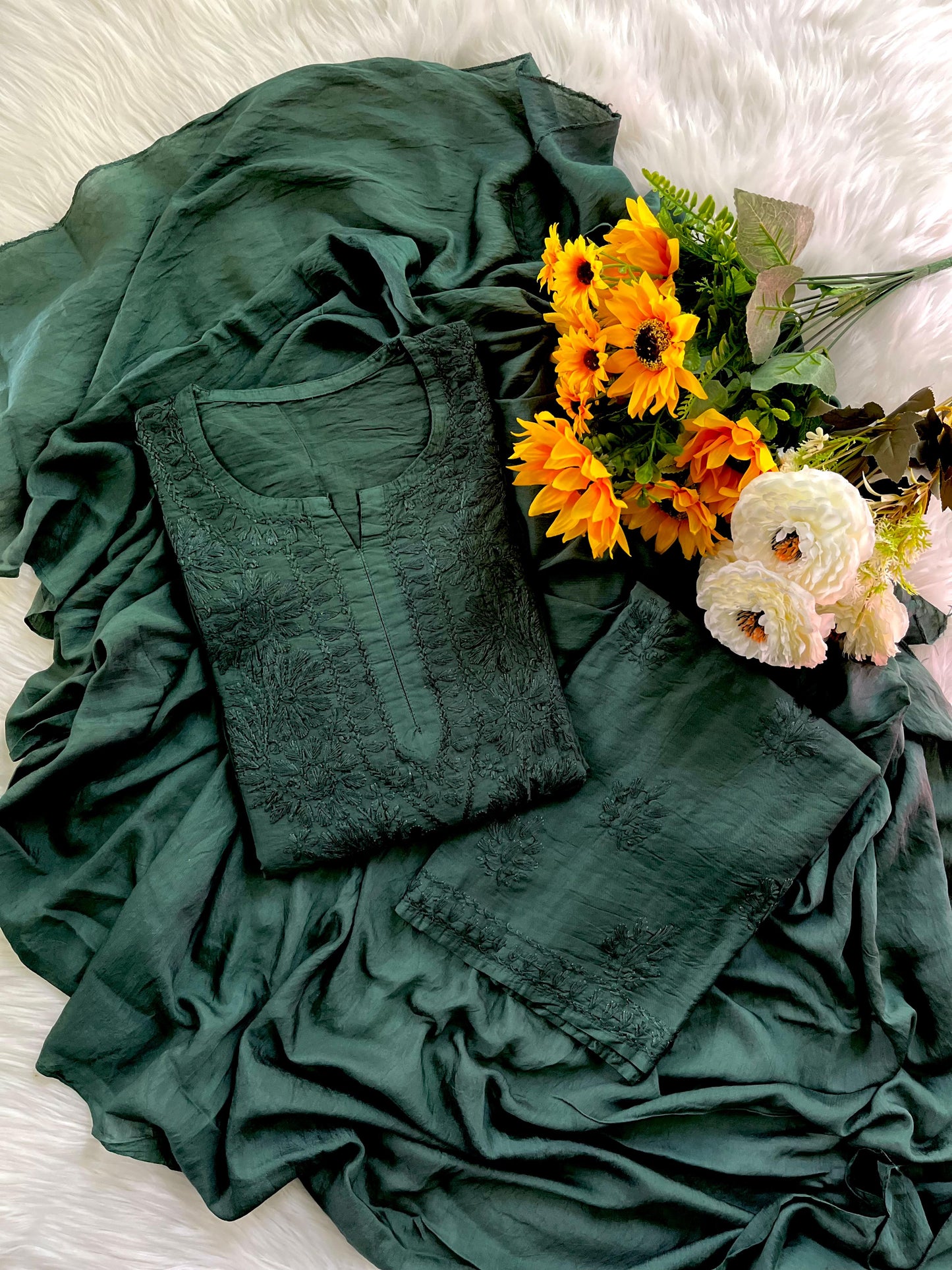 Dark Green Handcrafted Tone-on-Tone Lucknowi Chikankari Chanderi Silk Set