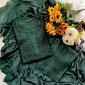 Dark Green Handcrafted Tone-on-Tone Lucknowi Chikankari Chanderi Silk Set