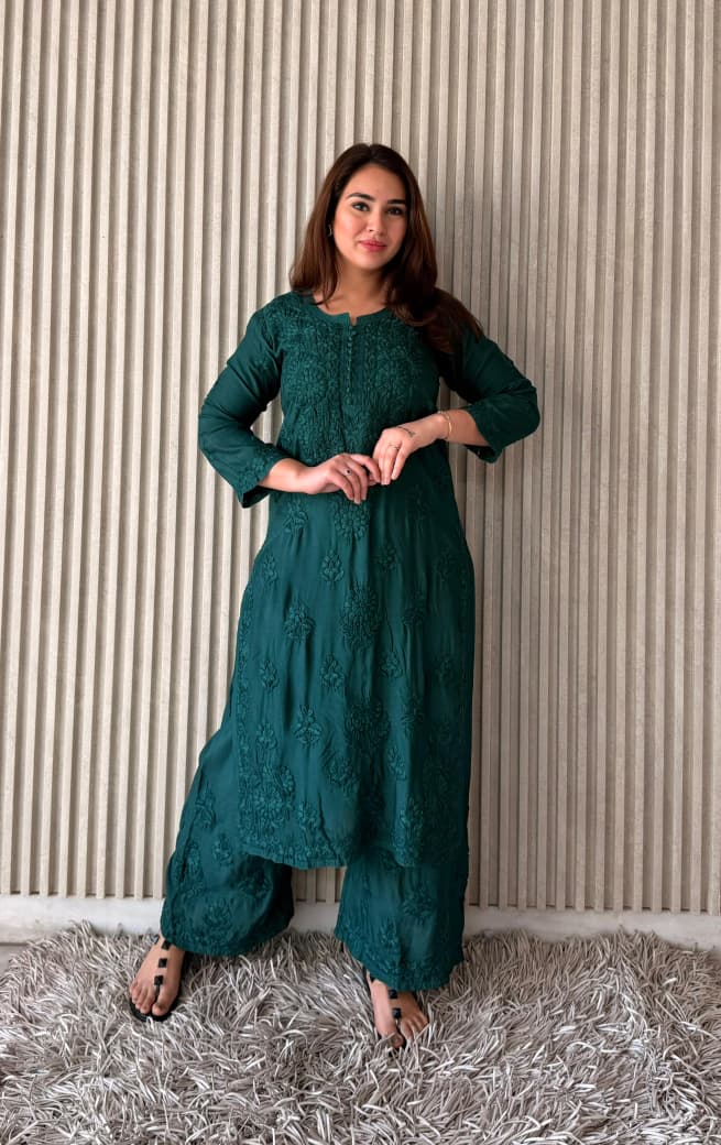 Dark Green Lucknowi Chikankari Anchor Thread 3D Work Muslin Kurta & Palazzo Set
