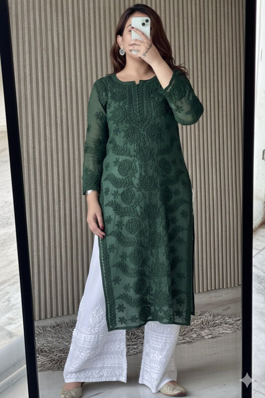 Dark Green Lucknowi Chikankari Rose Viscose Georgette Kurta Set