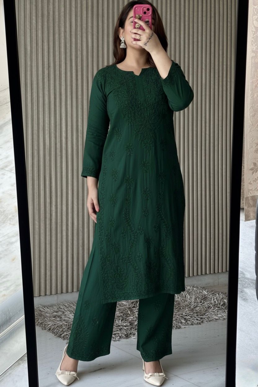 Dark Green Plus Size Lucknow Chikankari Modal Kurti with Palazzo Set