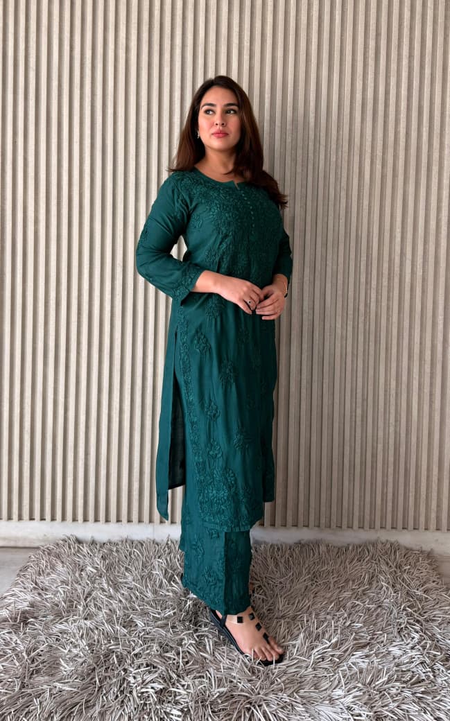 Dark Green Lucknowi Chikankari Anchor Thread 3D Work Muslin Kurta & Palazzo Set