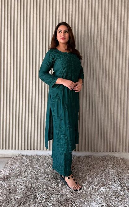 Dark Green Lucknowi Chikankari Anchor Thread 3D Work Muslin Kurta & Palazzo Set