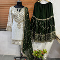 Dark Green Women's Heavy Embroidery Faux Georgette Sharara Gharara Suit Set with Dupatta