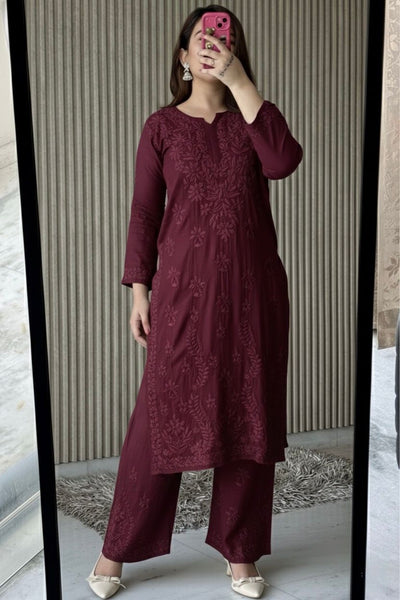 Maroon Plus Size Lucknow Chikankari Modal Kurti with Palazzo Set