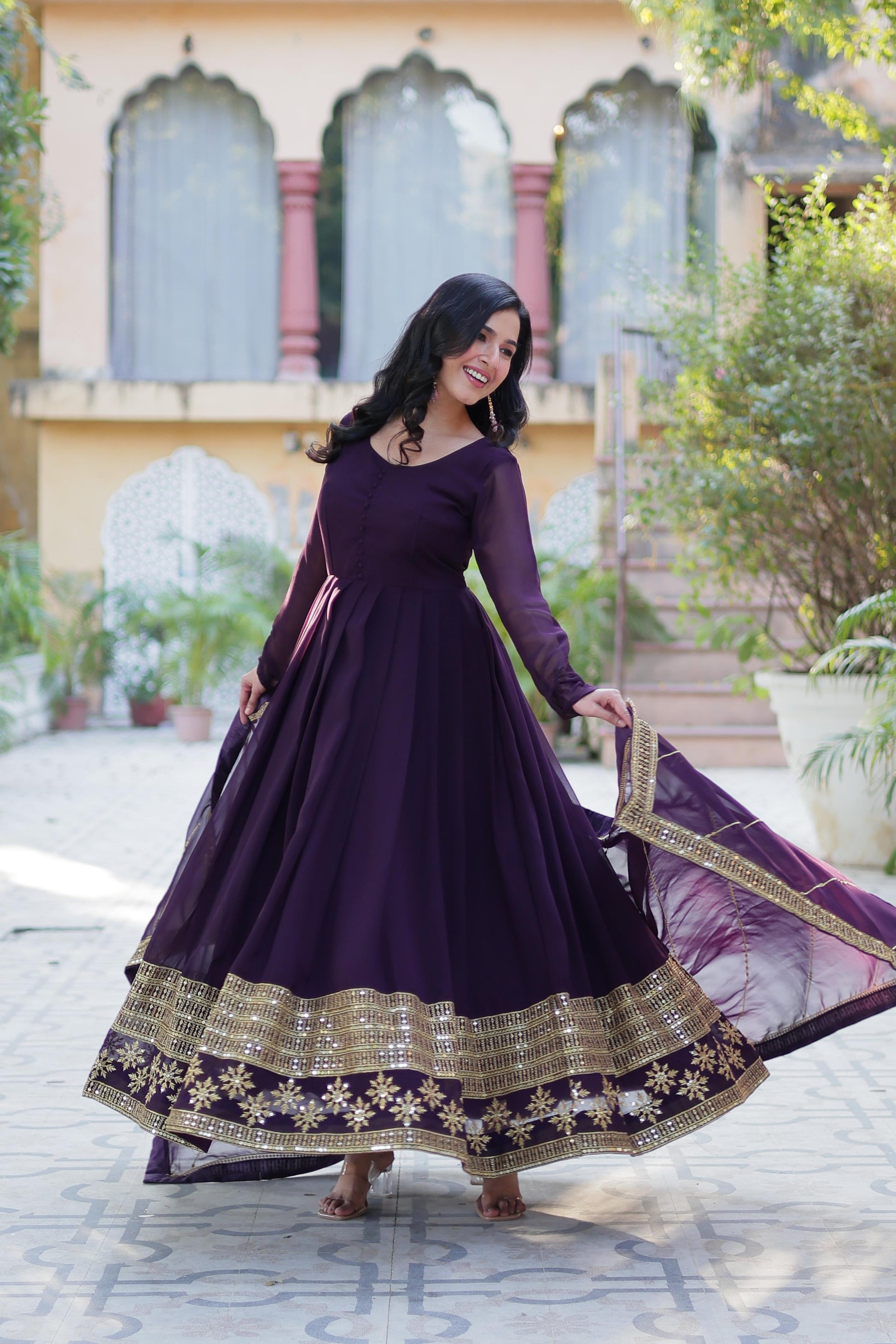 purple indian dress Dark Purple Embroidered Faux Blooming Indian Gown with Dupatta – Inayakhan Shop