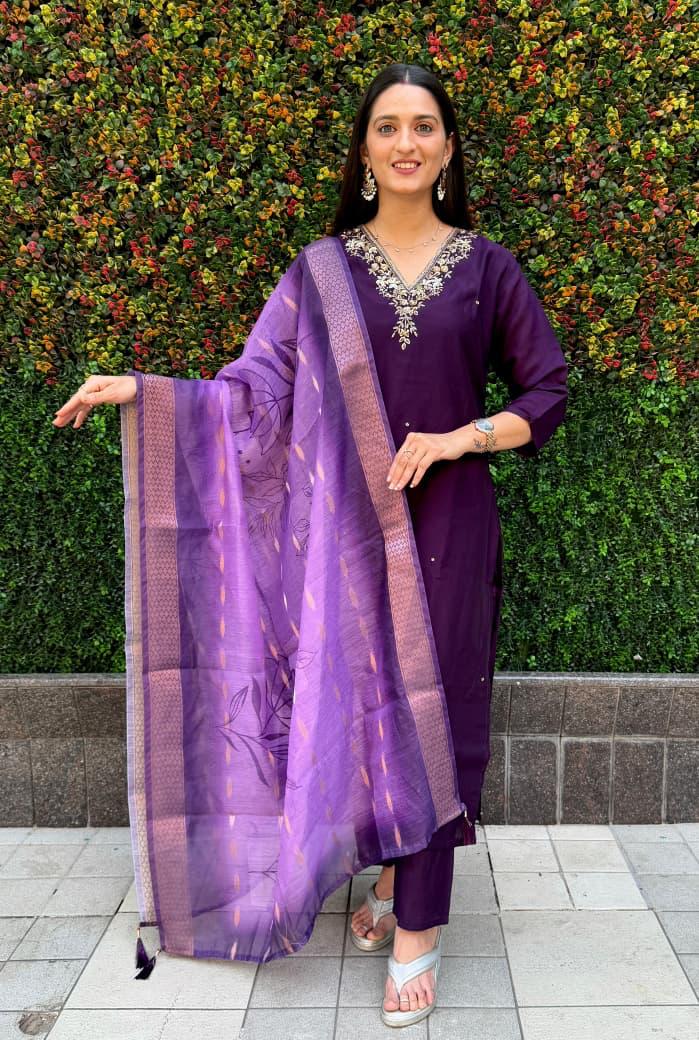 Exquisite Dark Purple Roman Silk Shalwar Kameez Set with Chanderi Jacquard Dupatta