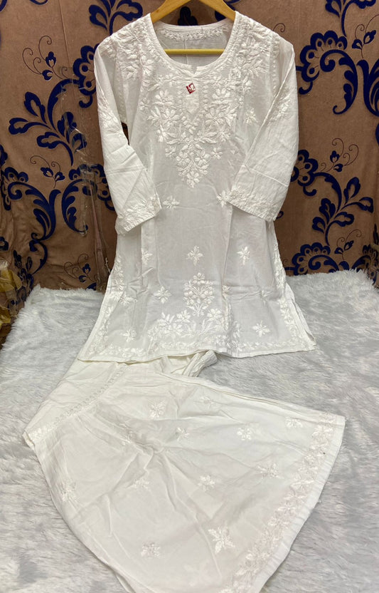 White Lucknow Chikan Handicraft Mul Cotton Kurti & Gharara Set