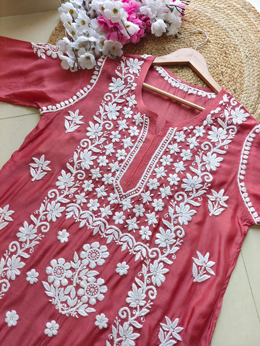 Pink Pure Muslin 3D Work Lucknow Chikankari Kurta