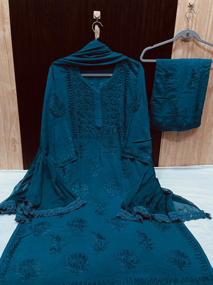 Deep Blue Elegant Lucknow Chikankari Handcrafted 3-Piece Rayon Kurti, Pallazo, and Dupatta Set