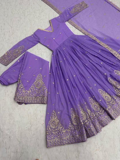 Lavendar Embroidered Georgette Gown with Palazzo and Dupatta Set