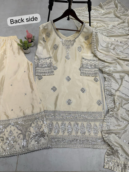 Beige Desirable Fancy Chinon Sequins Embroidered Shalwar Kameez Sharara and Dupatta Eid Dresses 2025